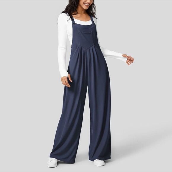 HALARA Waffle Casual Wide Leg Overalls Jumpsuit NEW Size Medium Navy Blue - Picture 1 of 10